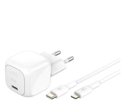 Ładowarka i akumulator Belkin Ładowarka USB-C PD 30W, mała, biała + kabel Lightning